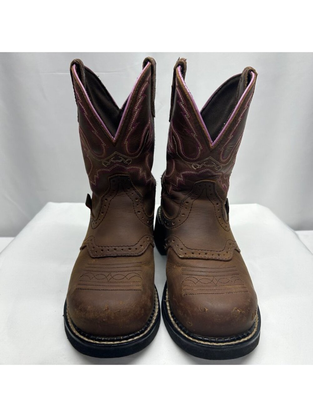 Justin Women's Gypsy Wanette Steel Toe Work Boots 7B Brown Leather Pink Stitchin